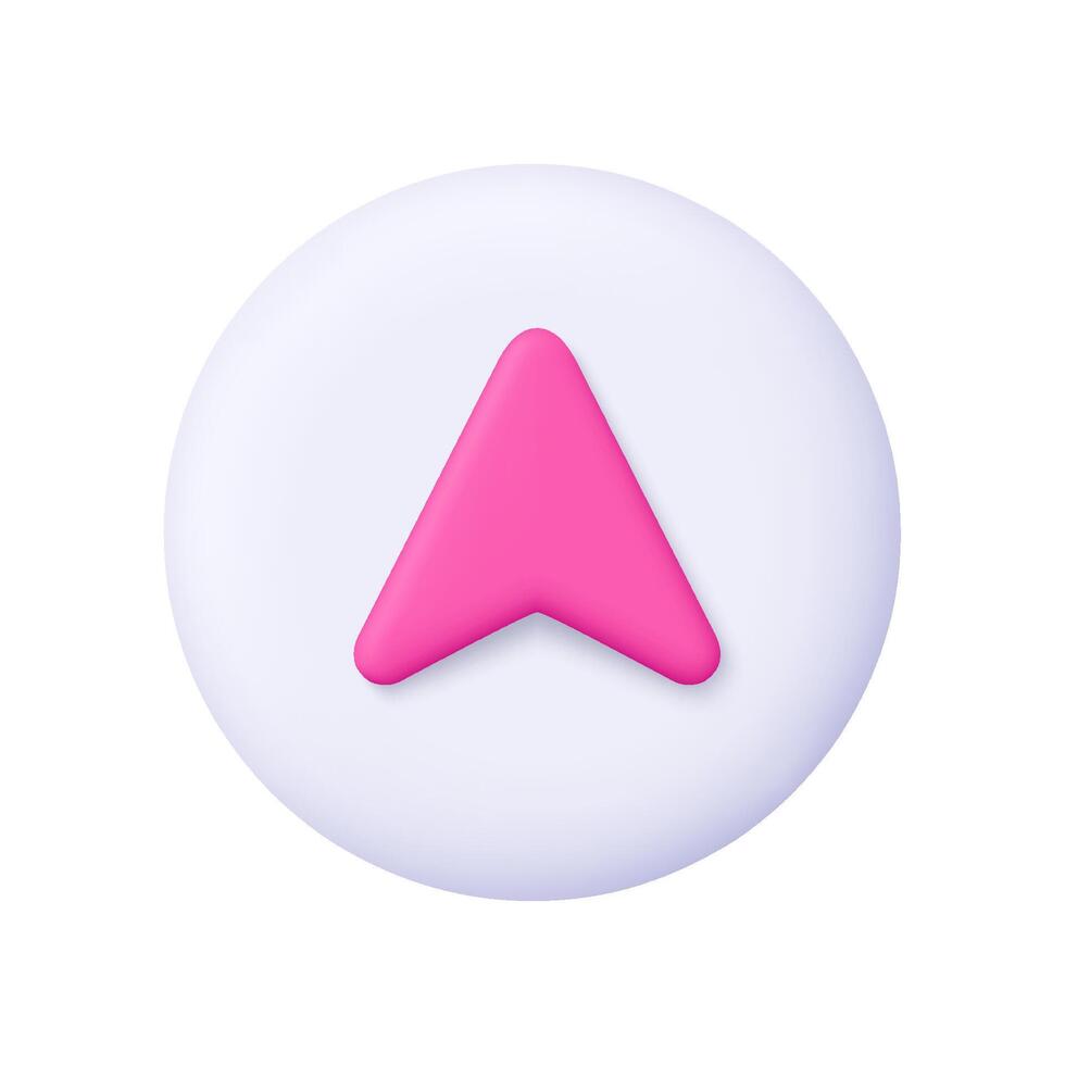 rosado navegación flecha o cursor en blanco circulo botón. ubicación, navegación, dirección, geoetiqueta y mapa aplicación concepto. 3d icono. dibujos animados mínimo estilo. vector
