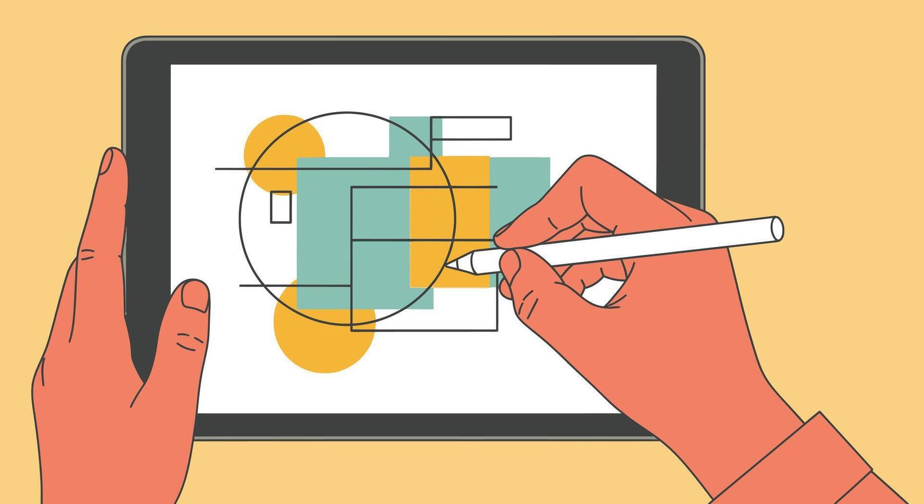 Hands using a stylus on a tablet to draw geometric shapes and lines on a yellow background vector