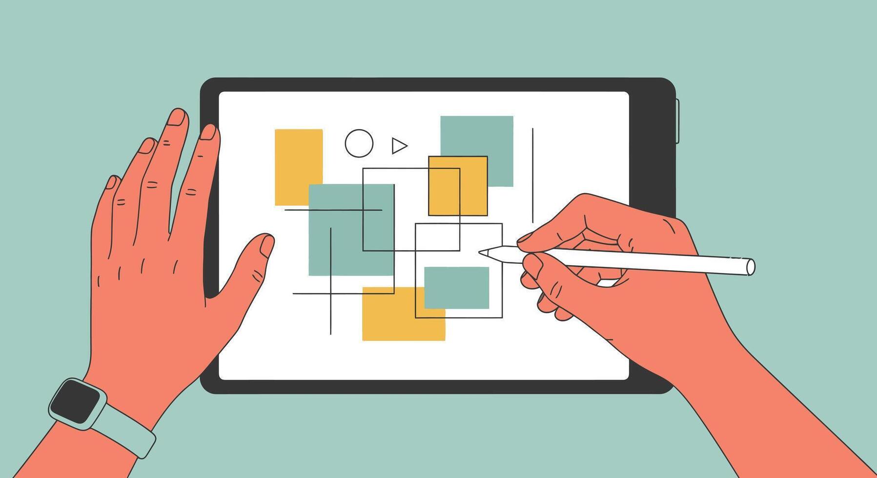 Hands using a stylus on a tablet to draw geometric shapes and lines on a teal background vector