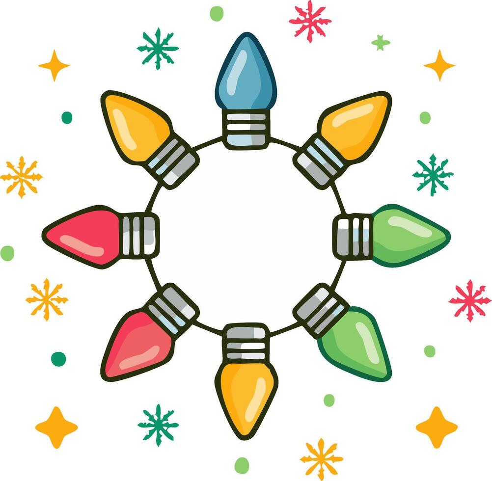 Bright festive string lights arranged in a circle with snowflakes and stars vector