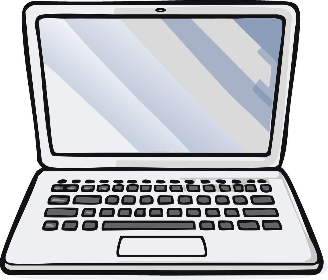 Modern open laptop with a reflective screen and a full keyboard, illustrated in a clean, simple style. vector