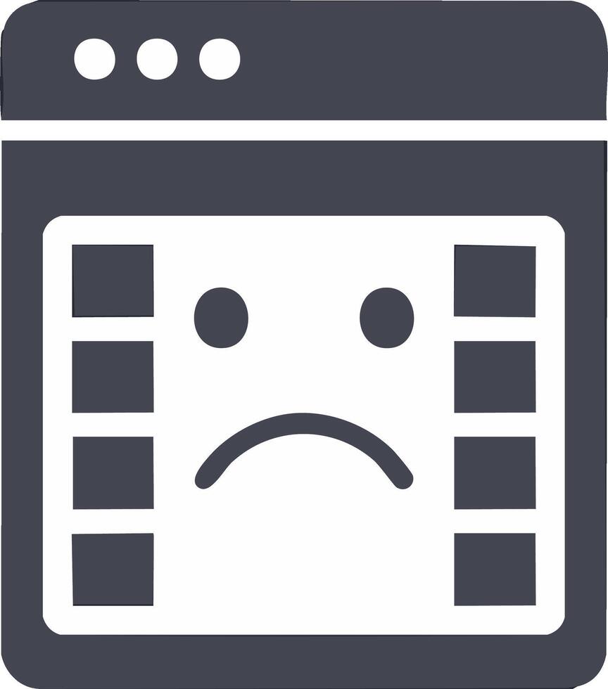 Sad face on browser window, indicating playback error, broken media content vector