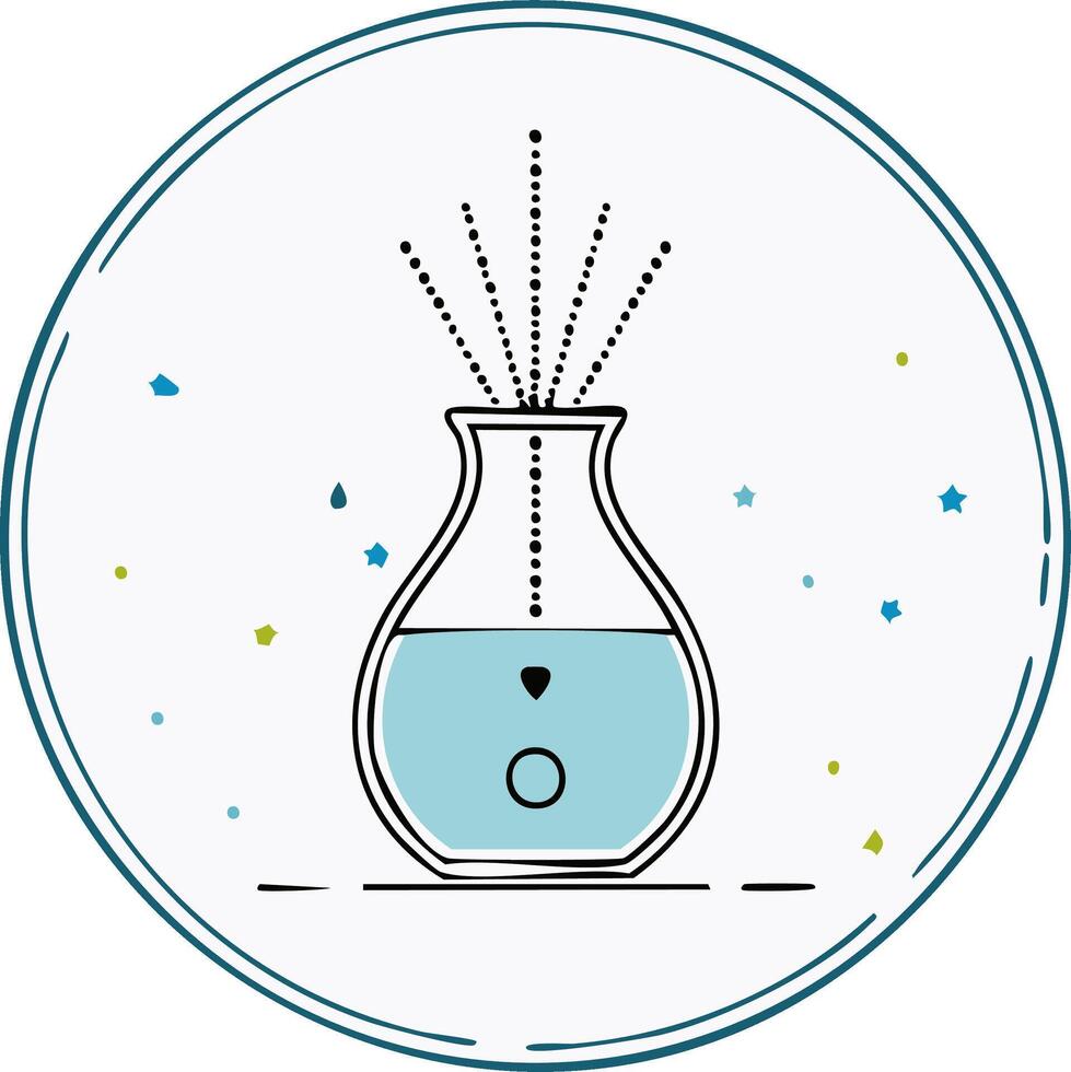 Aromatherapy diffuser with liquid and fragrance emitting, stylized illustration in a circle frame with scattered decor vector