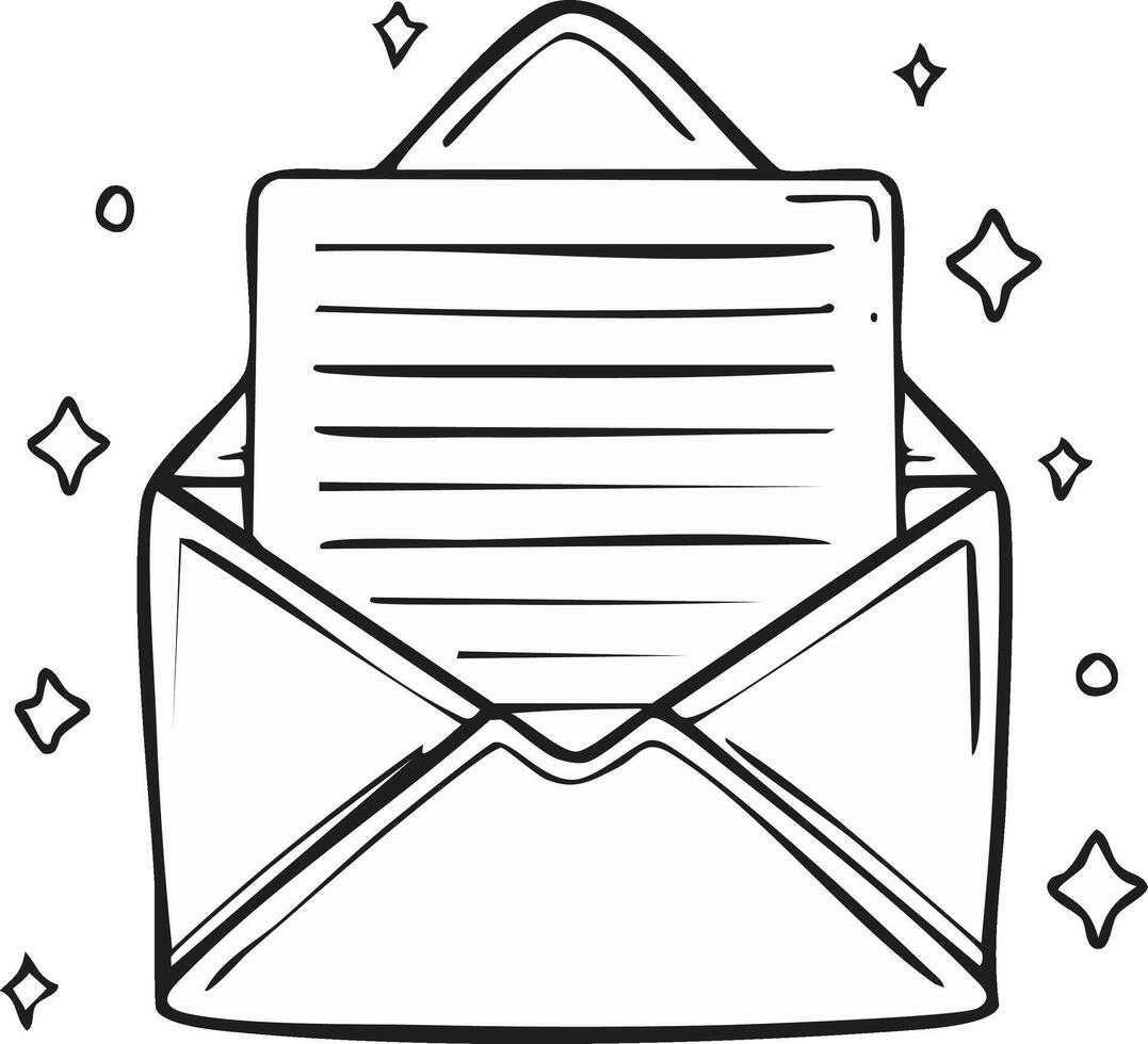 Hand drawn open envelope with letter emerging and sparkling elements, a new message notification vector