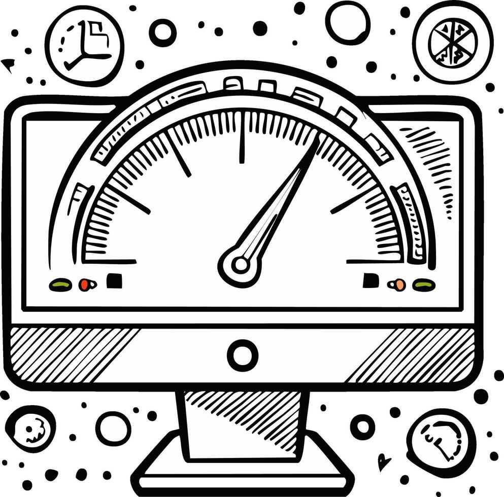 computadora monitor con velocímetro y datos medidores en un dibujado a mano bosquejo estilo vector