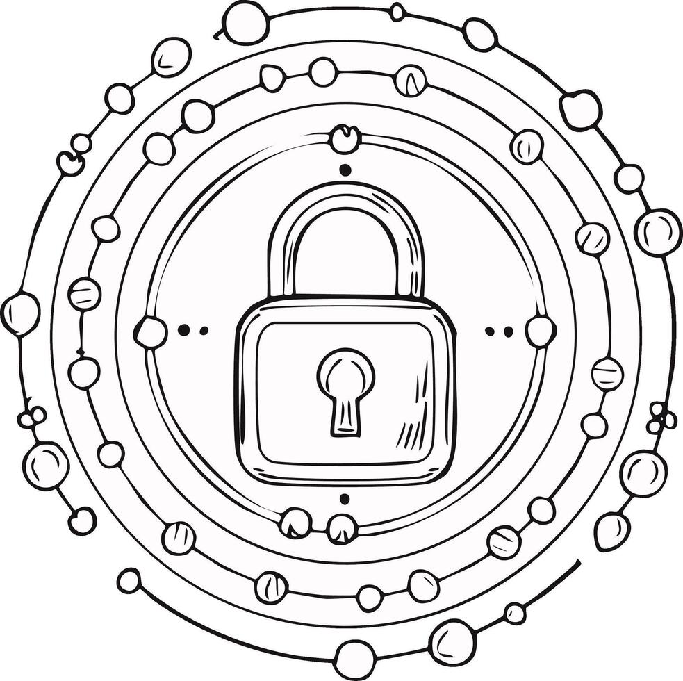 Hand Drawn Padlock Icon with Abstract Network Circles for Cybersecurity vector