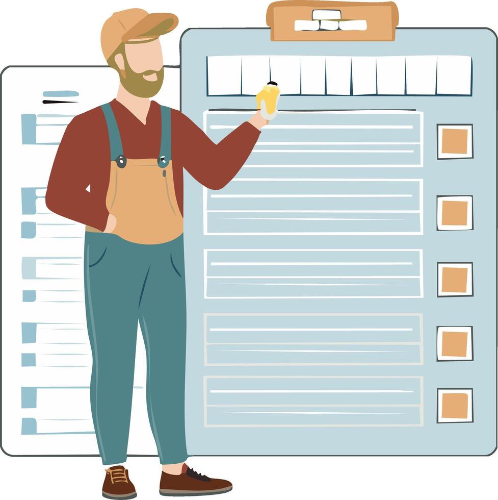 Friendly worker in overalls inspects a large checklist on a giant clipboard for project management vector