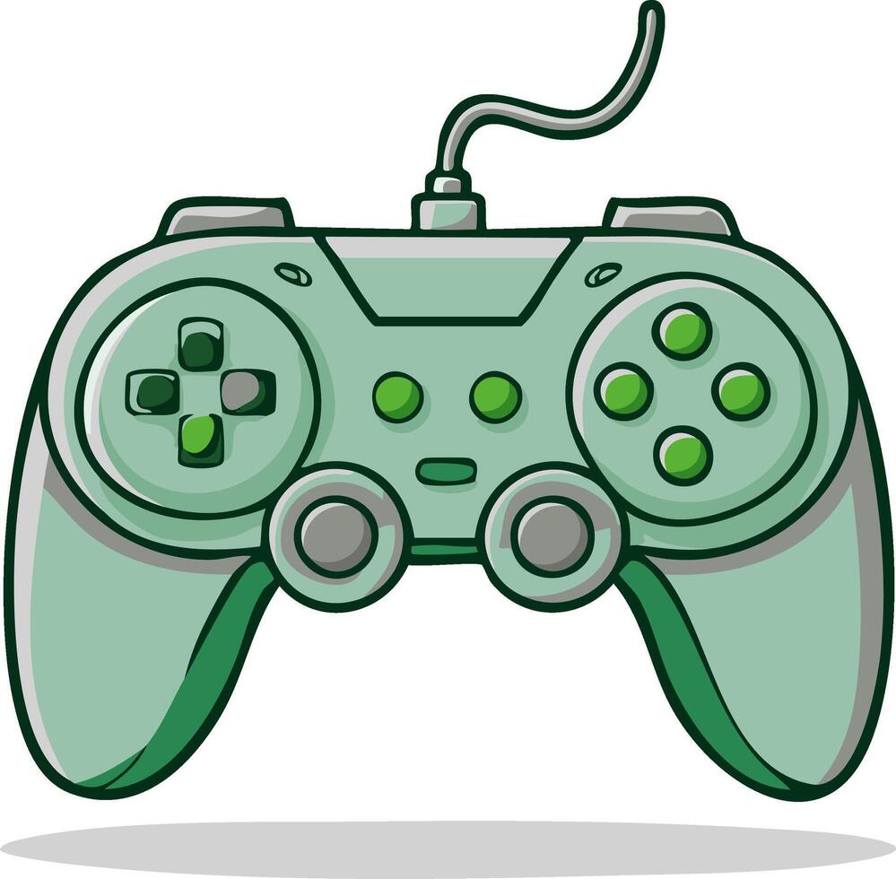 Isolated cartoon style game controller with buttons, directional pad, and cable, for gaming related content vector