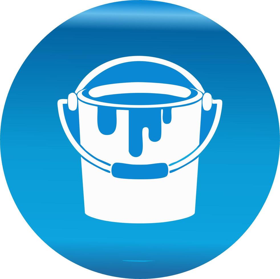 White Paint Bucket Icon with Dripping Paint Inside Circle on Gradient Blue Background vector