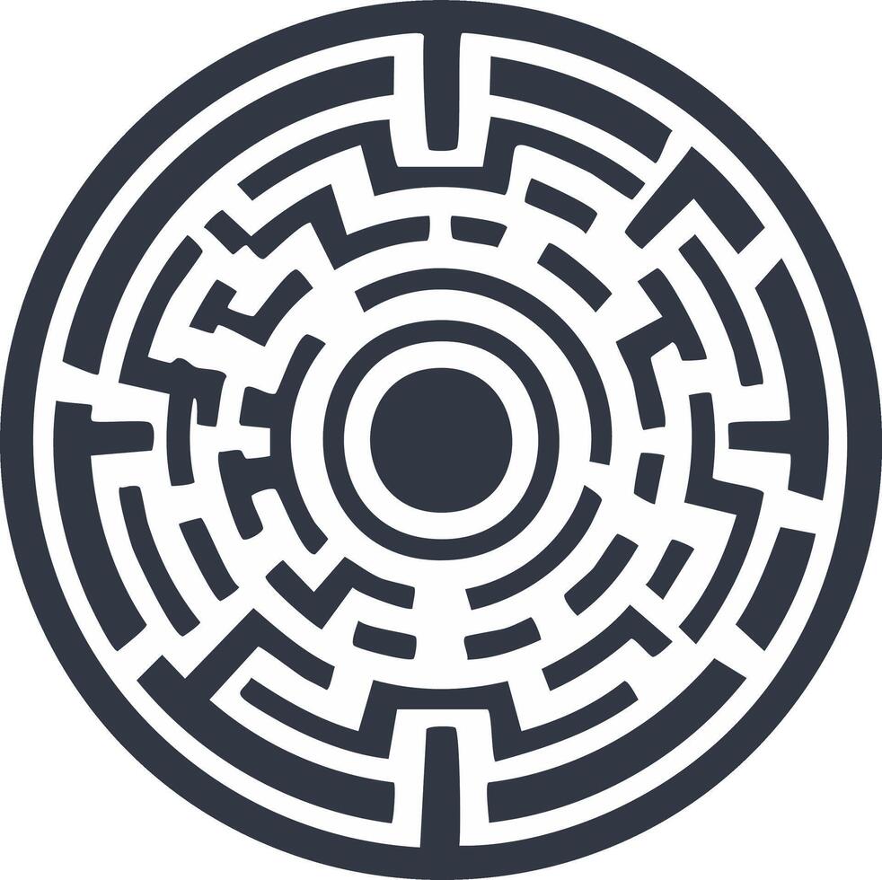 circular laberinto laberinto gráfico icono simbolizando un rompecabezas problema y solución camino vector