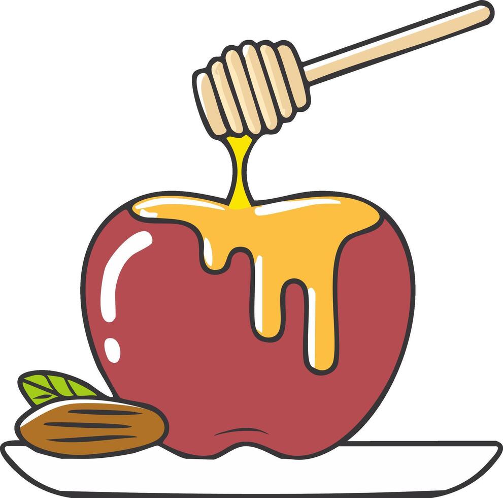 Red Apple with Dripping Honey and Nuts on a Plate vector