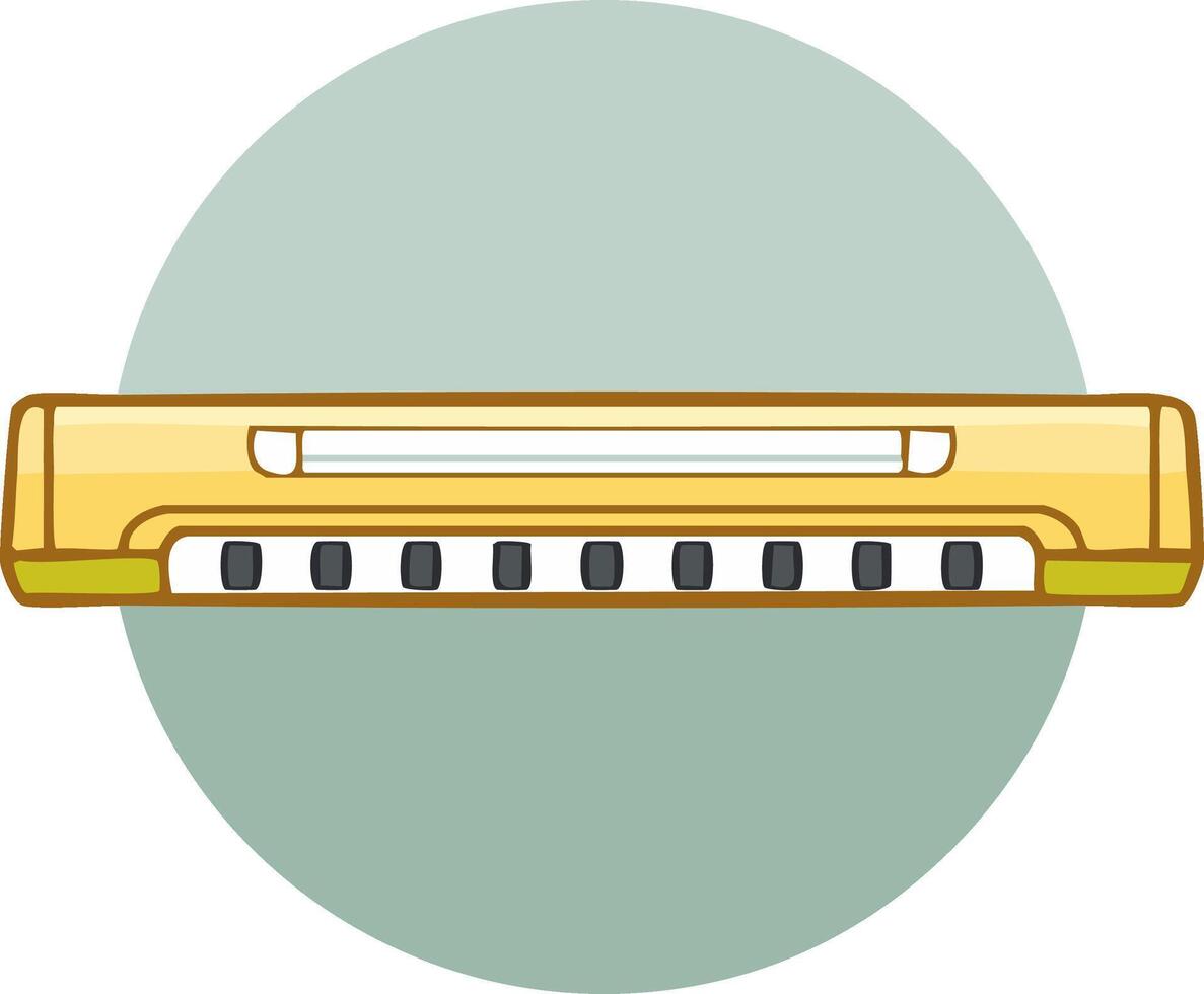 Cartoon image of a yellow harmonica with dark keys inside a light green circle vector
