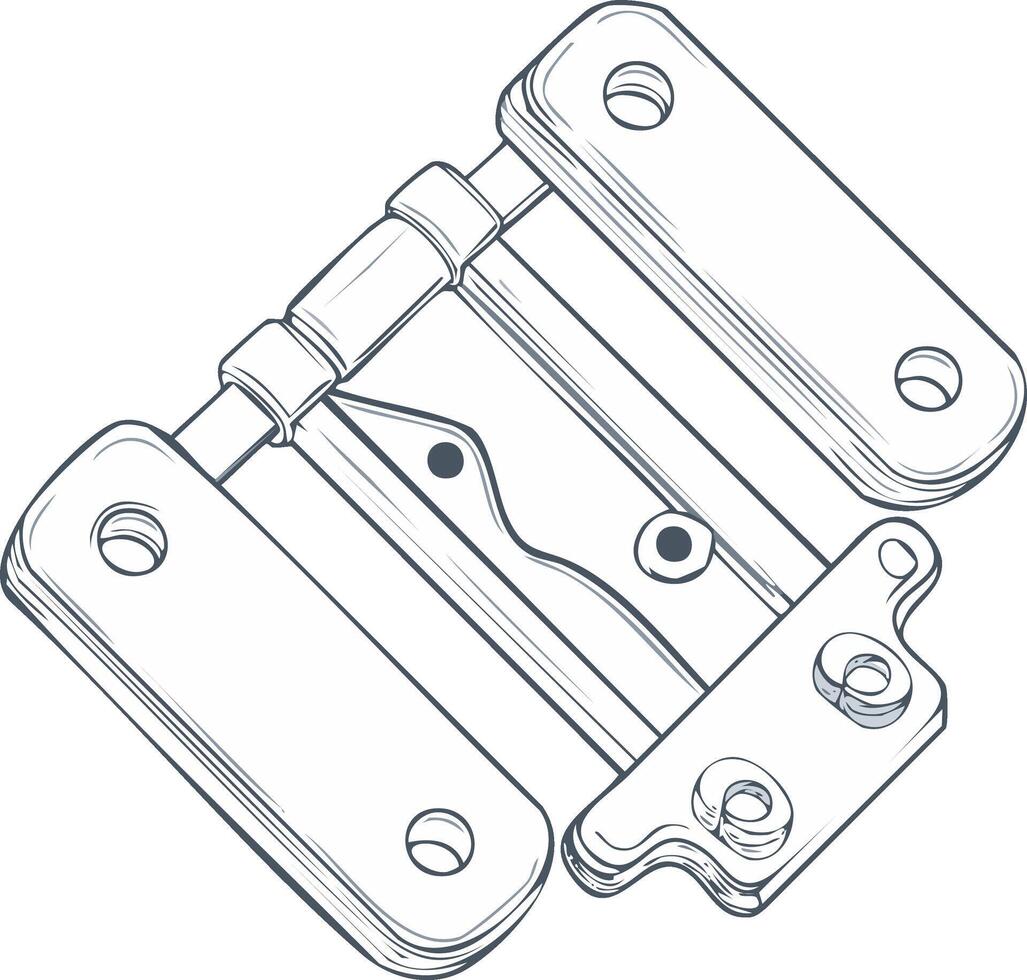 Technical line drawing of a specialized mechanical hinge with integrated latch mechanism and pivot points vector