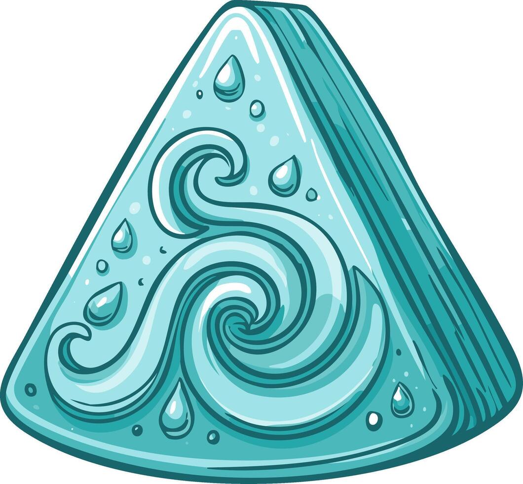 Stylized triangular prism with swirling water waves and droplets in teal blue vector