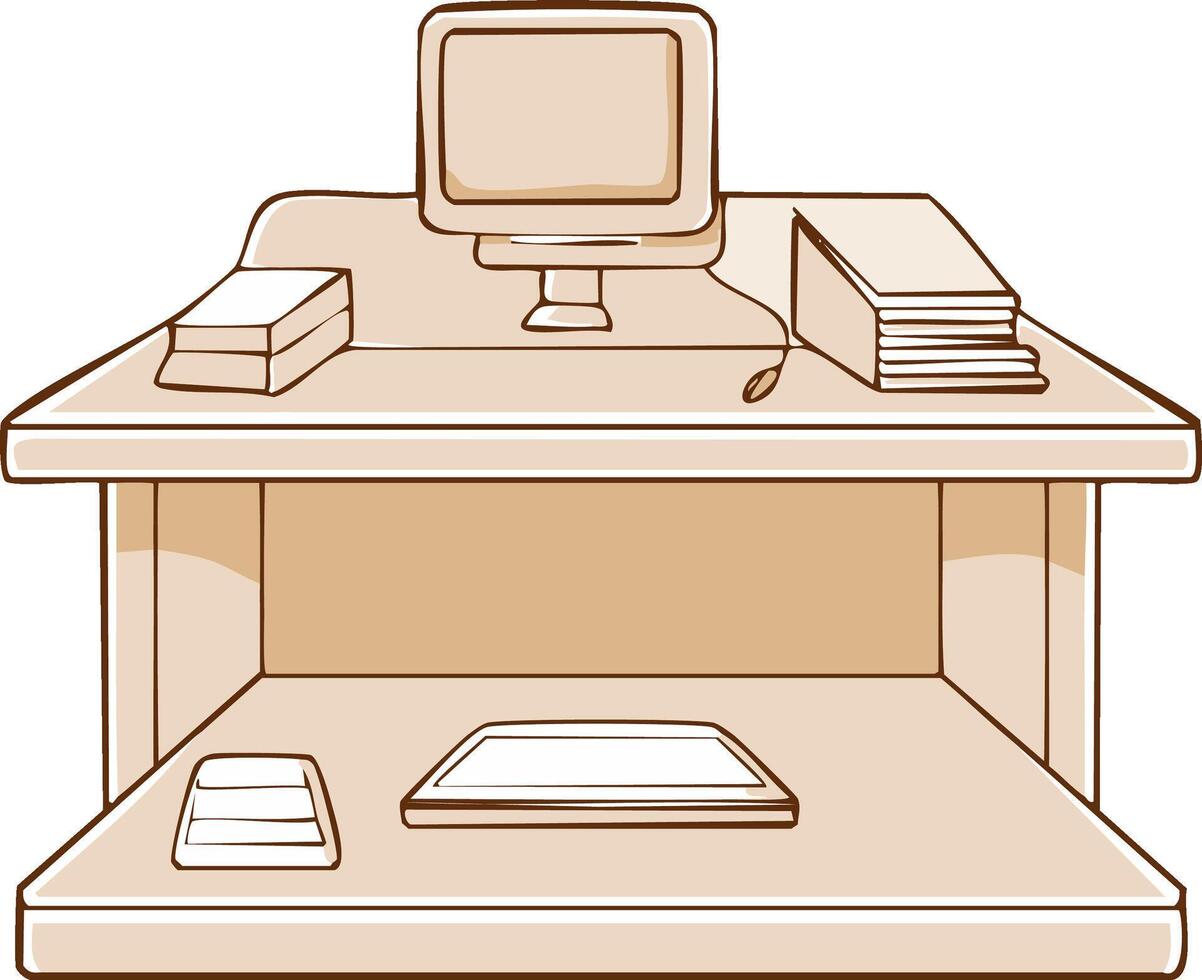 un sencillo ilustración de un escritorio preparar con un computadora monitor apilado libros y un tableta vector