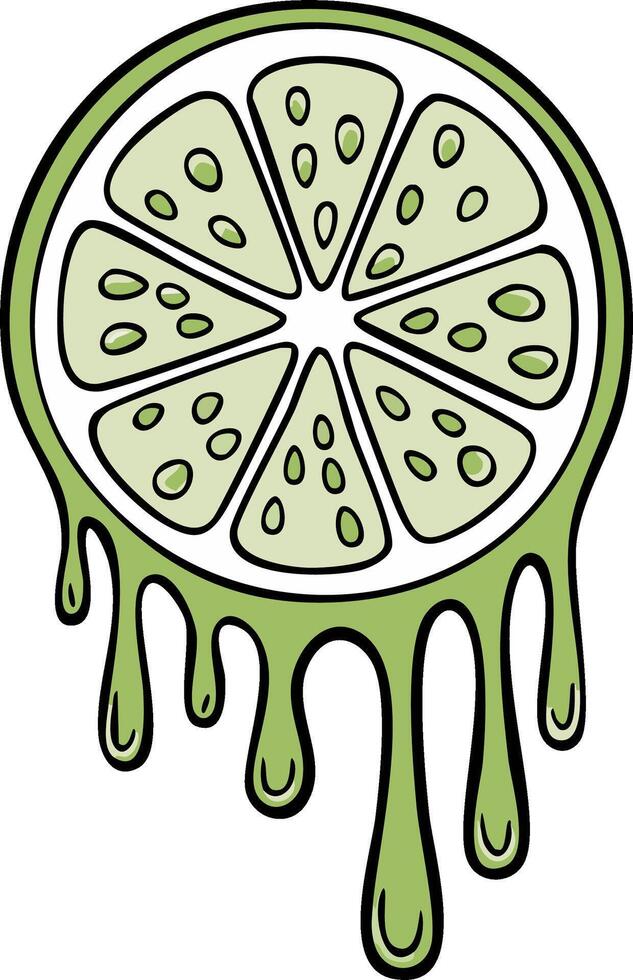 Lime slice with juice drops graphic, citrus fruit with dripping juice. Simple outline illustration vector