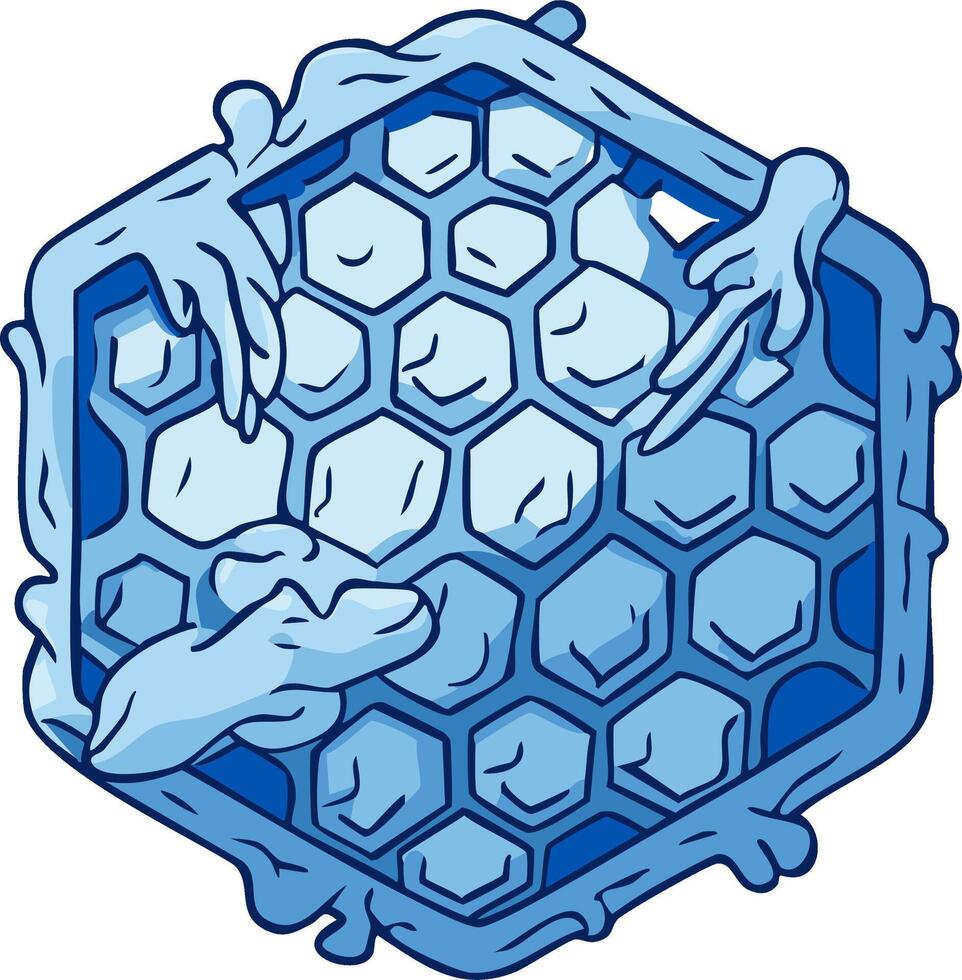 Stylized honeycomb with cartoonish liquid dripping and oozing with hexagon cells and a light blue color palette in an isolated design vector