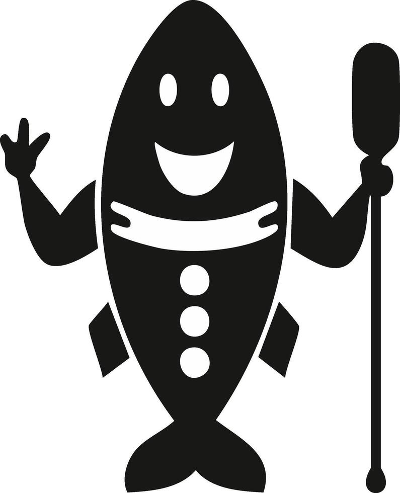 Cartoon fish character waving hello and holding a paddle with a happy expression vector