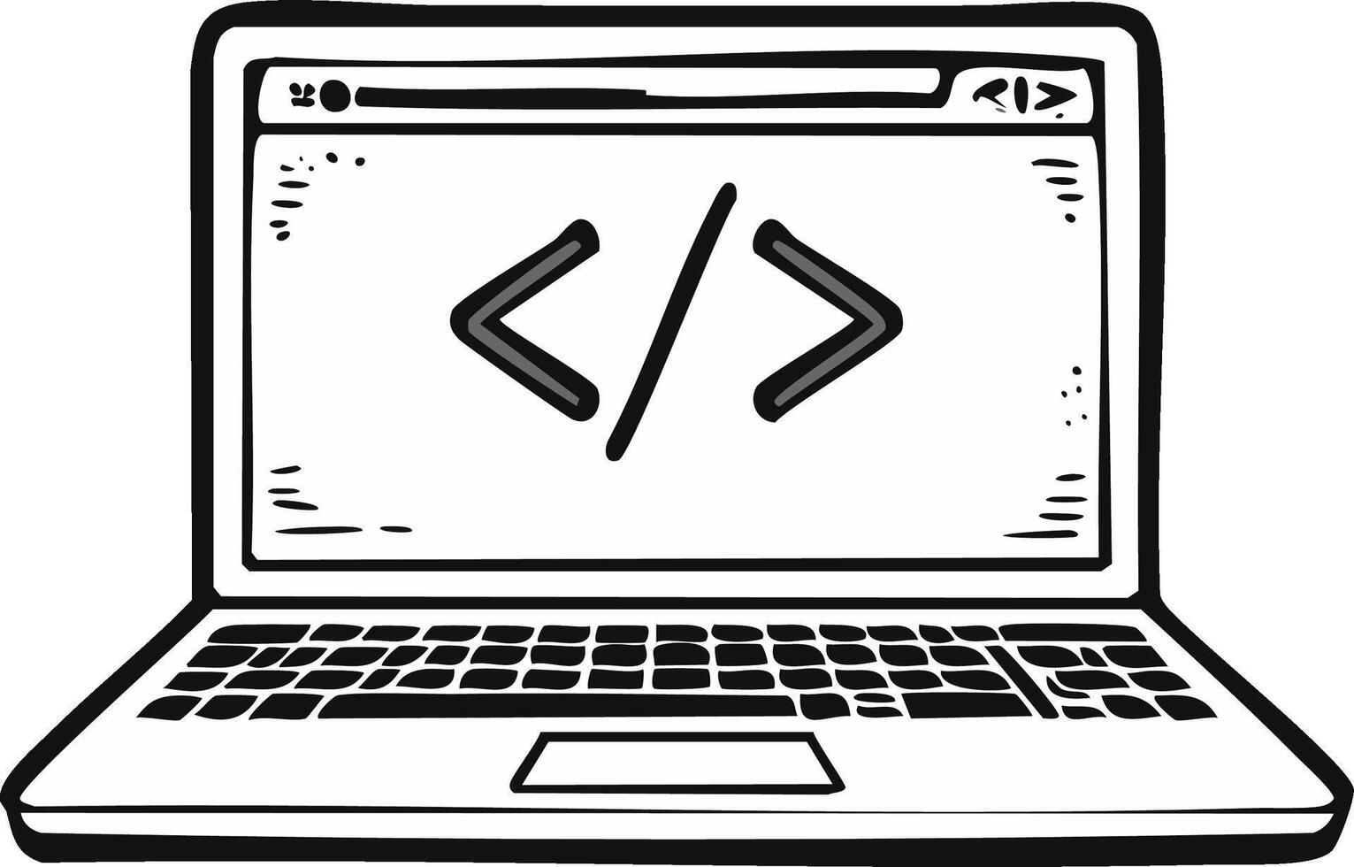 bosquejo ilustración de abierto ordenador portátil mostrando código símbolo para software desarrollo y programación vector