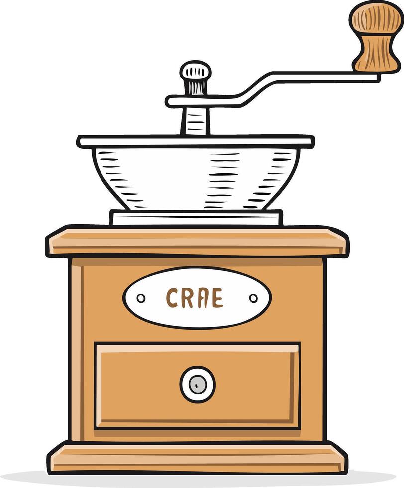 Hand-Operated Grinder with Wood Frame and Round Handle for Grain or Spices Preparation vector