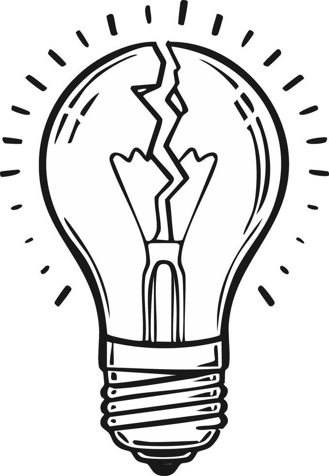 Hand Drawn Broken Lightbulb Idea Failure Concept with Cracks and Rays vector
