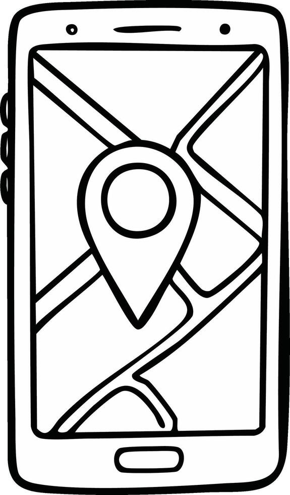 Hand drawn smartphone displaying a map with a location pin for navigation and guidance vector