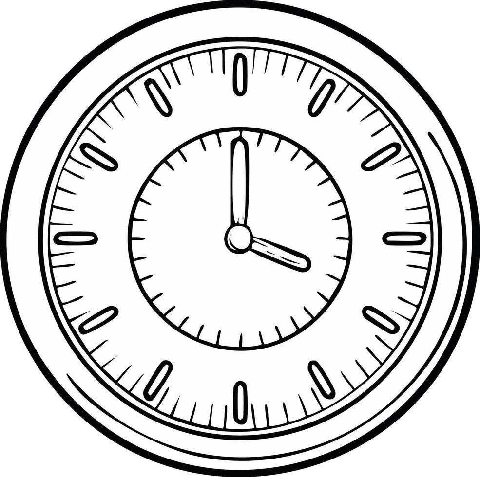 Hand drawn outline illustration of a classic round wall clock showing time for scheduling and punctuality vector