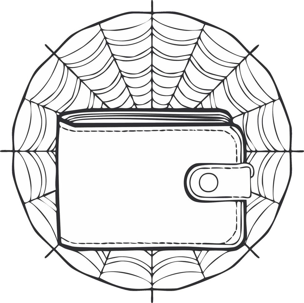 Black and white line art of wallet entangled in a spiderweb drawing vector