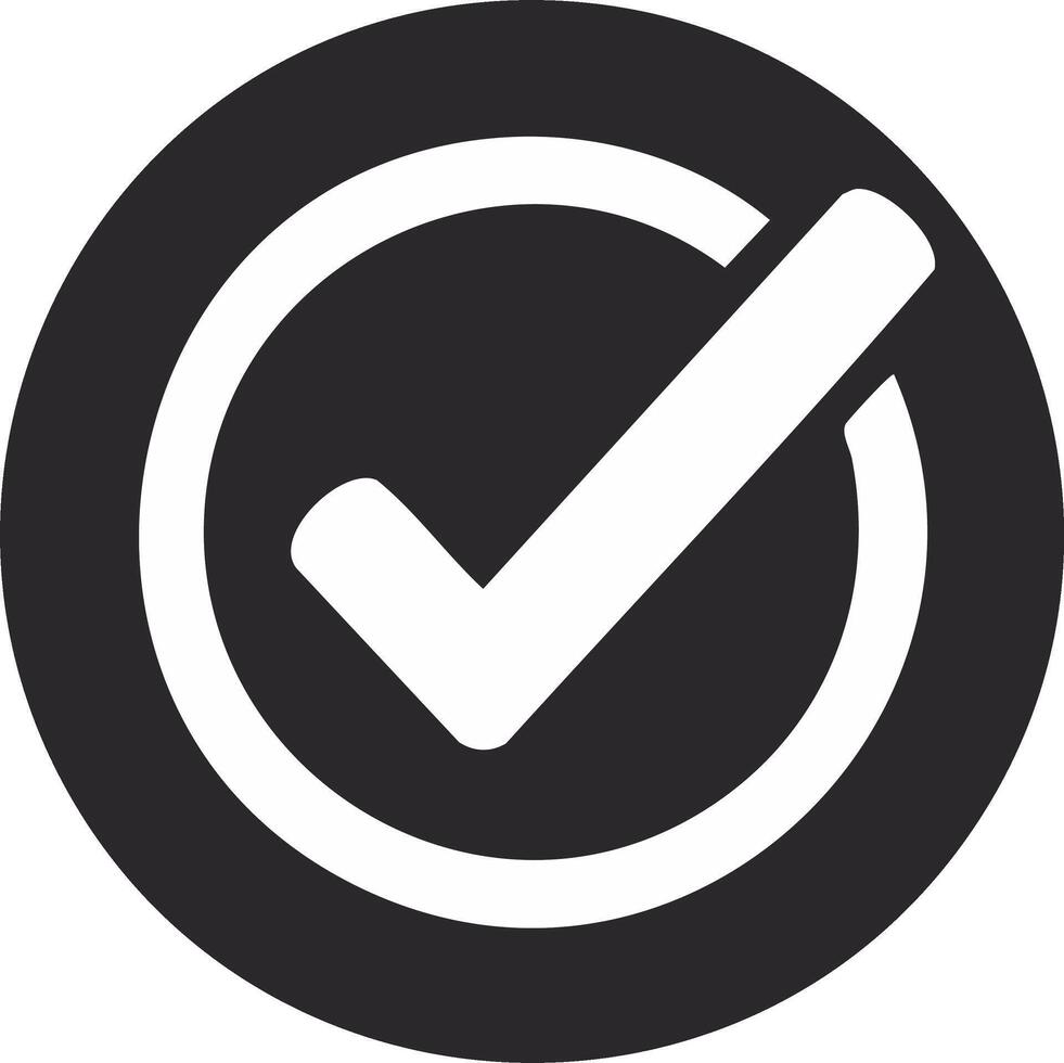 Black circle icon with a white check mark for success validation and confirmation vector