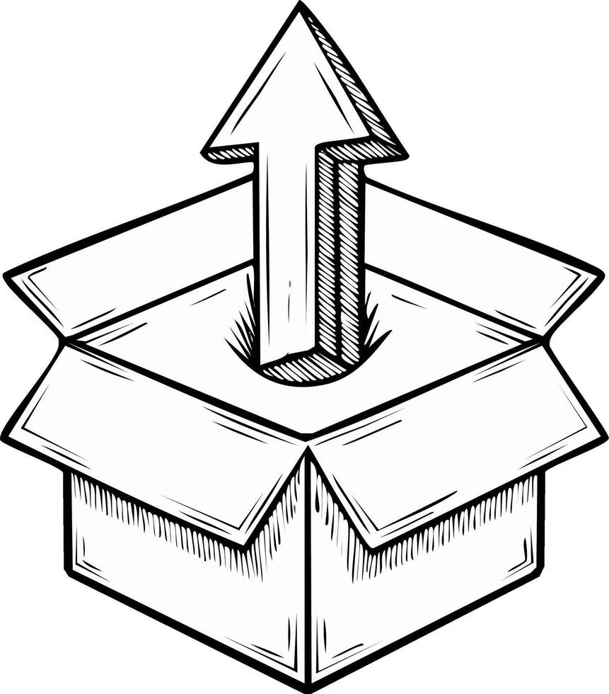 Drawn Arrow Erupting From Open Cardboard Box Symbolizing Growth Or Idea vector