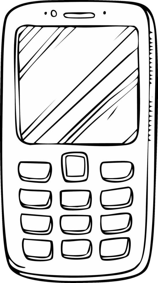 Hand drawn retro mobile phone with keypad and screen old technology doodle sketch vector