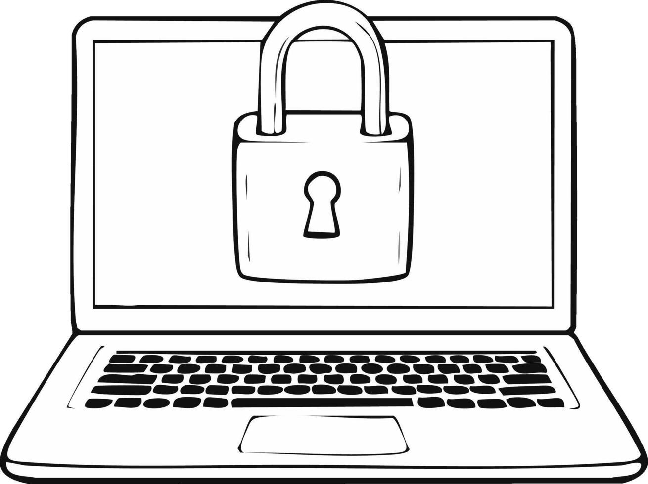 Hand drawn laptop and padlock icon symbolizing computer security, network protection, and encryption vector