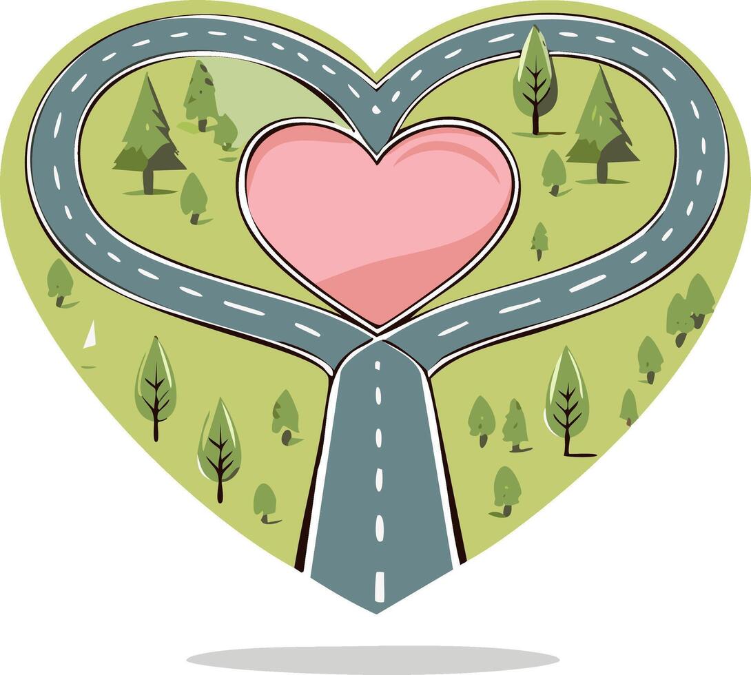 Heart shaped road splits into two paths with trees and a central pink heart symbol vector