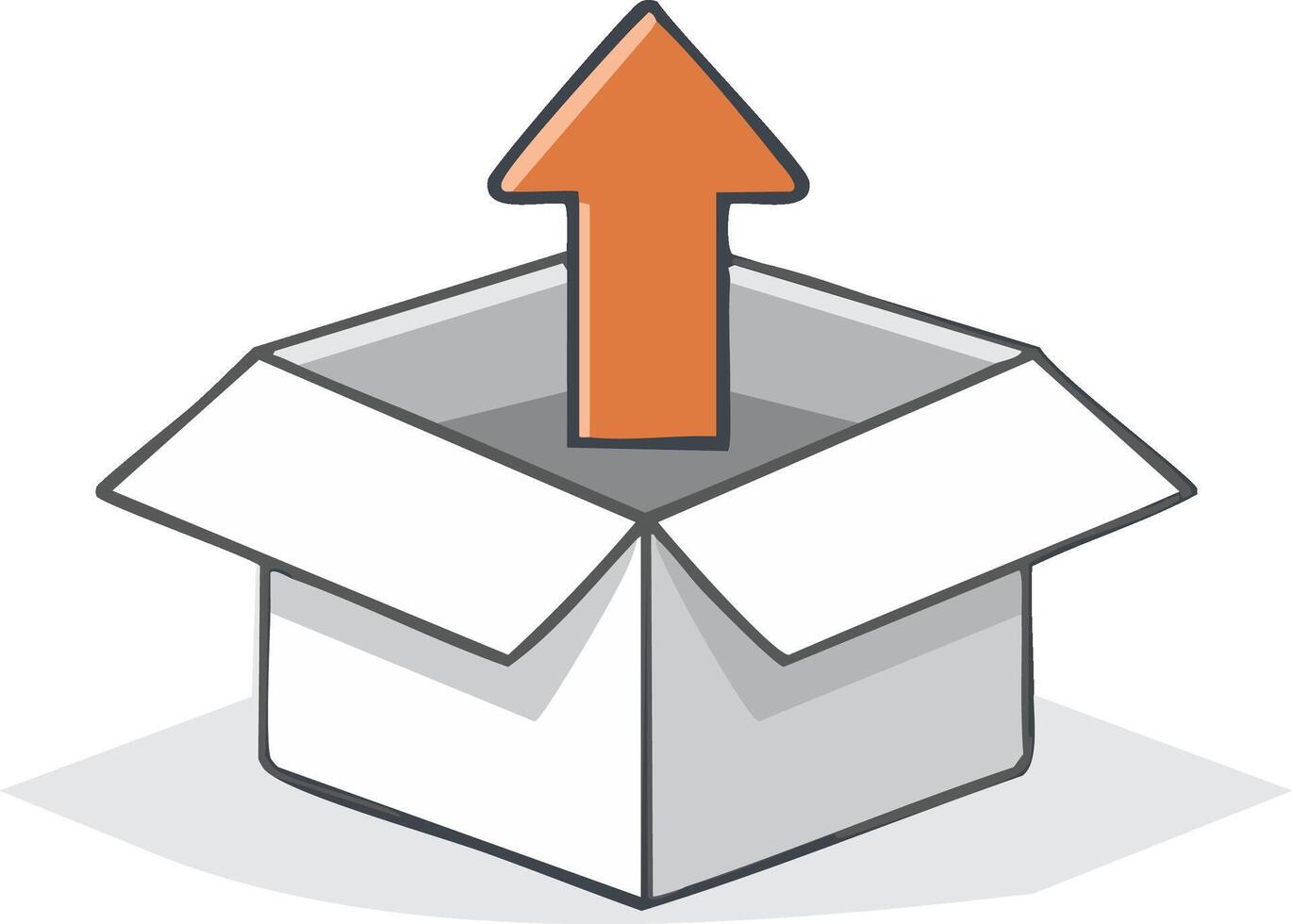 Upward arrow emerging from an open white box illustrating data upload or package delivery concept vector