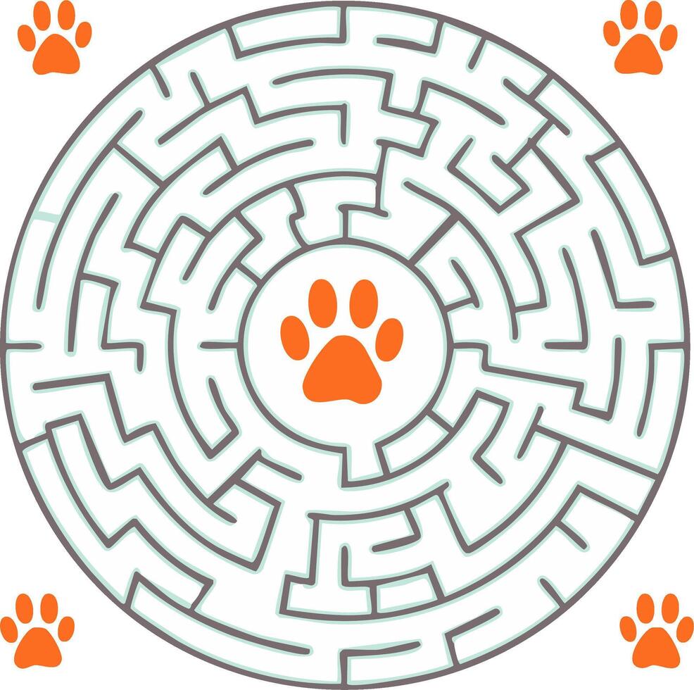 redondo laberinto con pata huellas dactilares, desafío juego para problema resolviendo y habilidad desarrollo vector