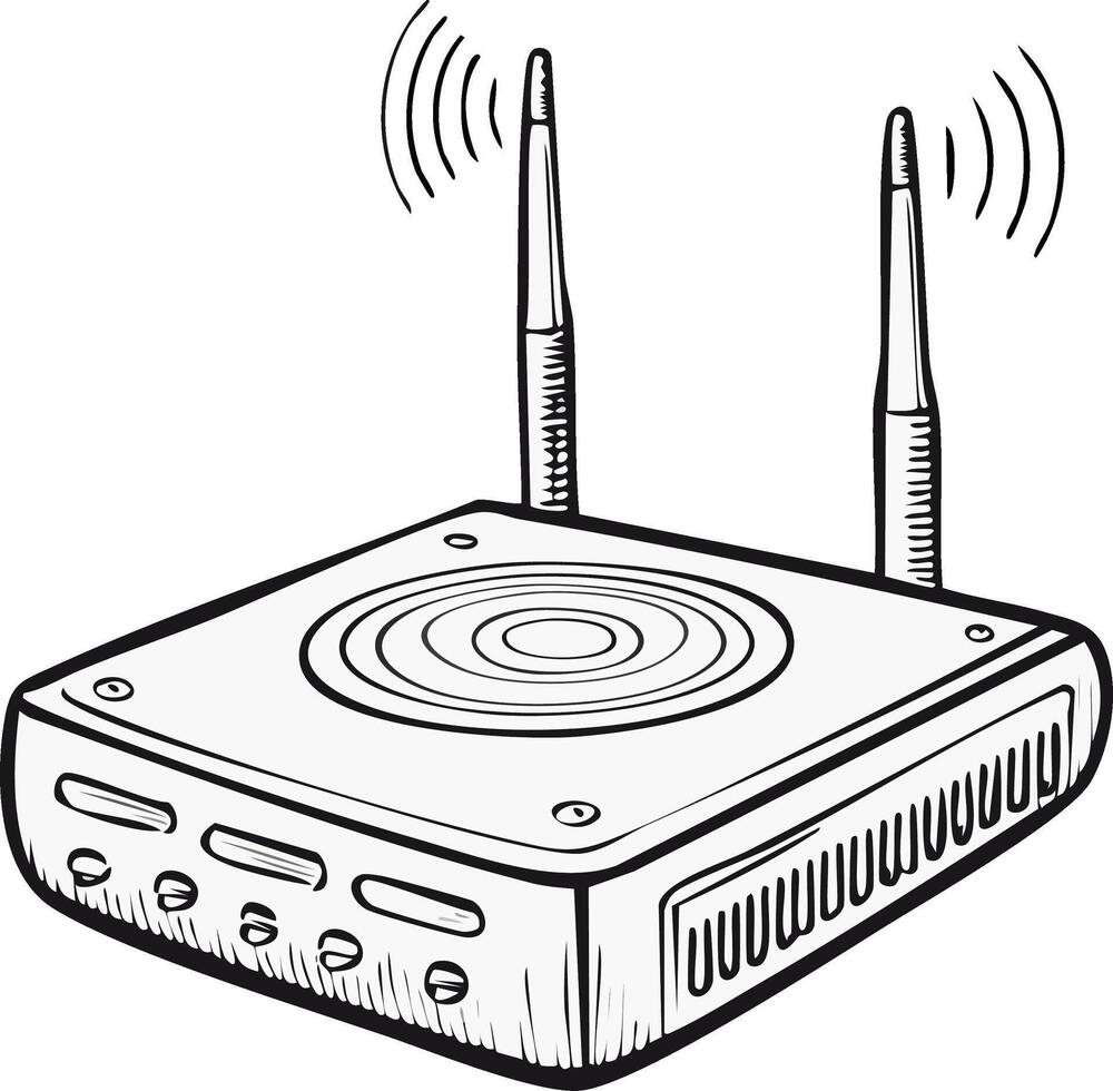 Hand drawn style of a wifi router with antennas and signal transmission symbols vector