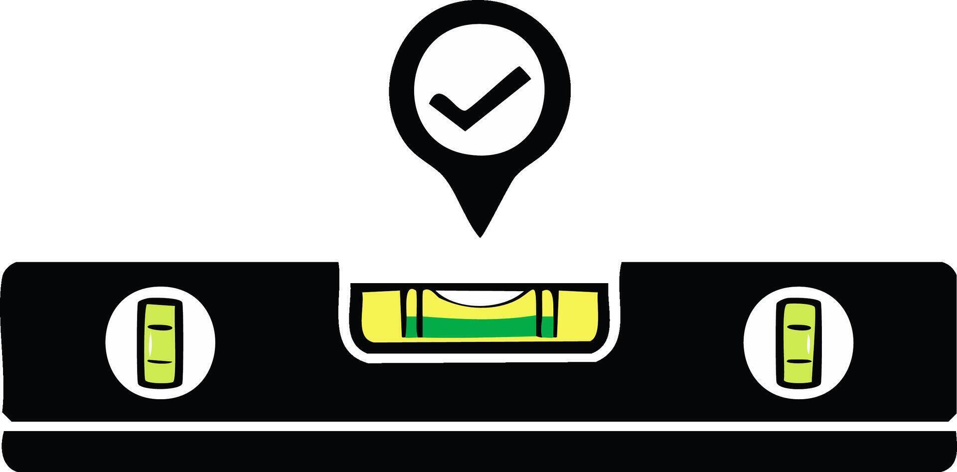 Spirit level with centered bubble and checkmark pin icon for accurate measurement vector