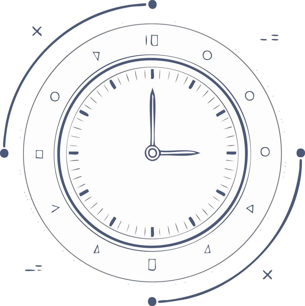 Modern style clock with abstract decorative elements in a circular design with hand-drawn aesthetic vector