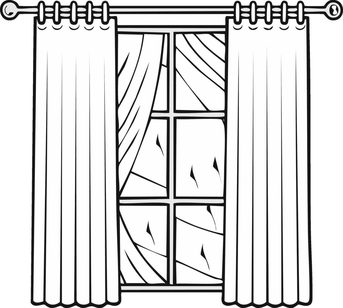 Black and white line drawing of a window with curtains and window frame vector