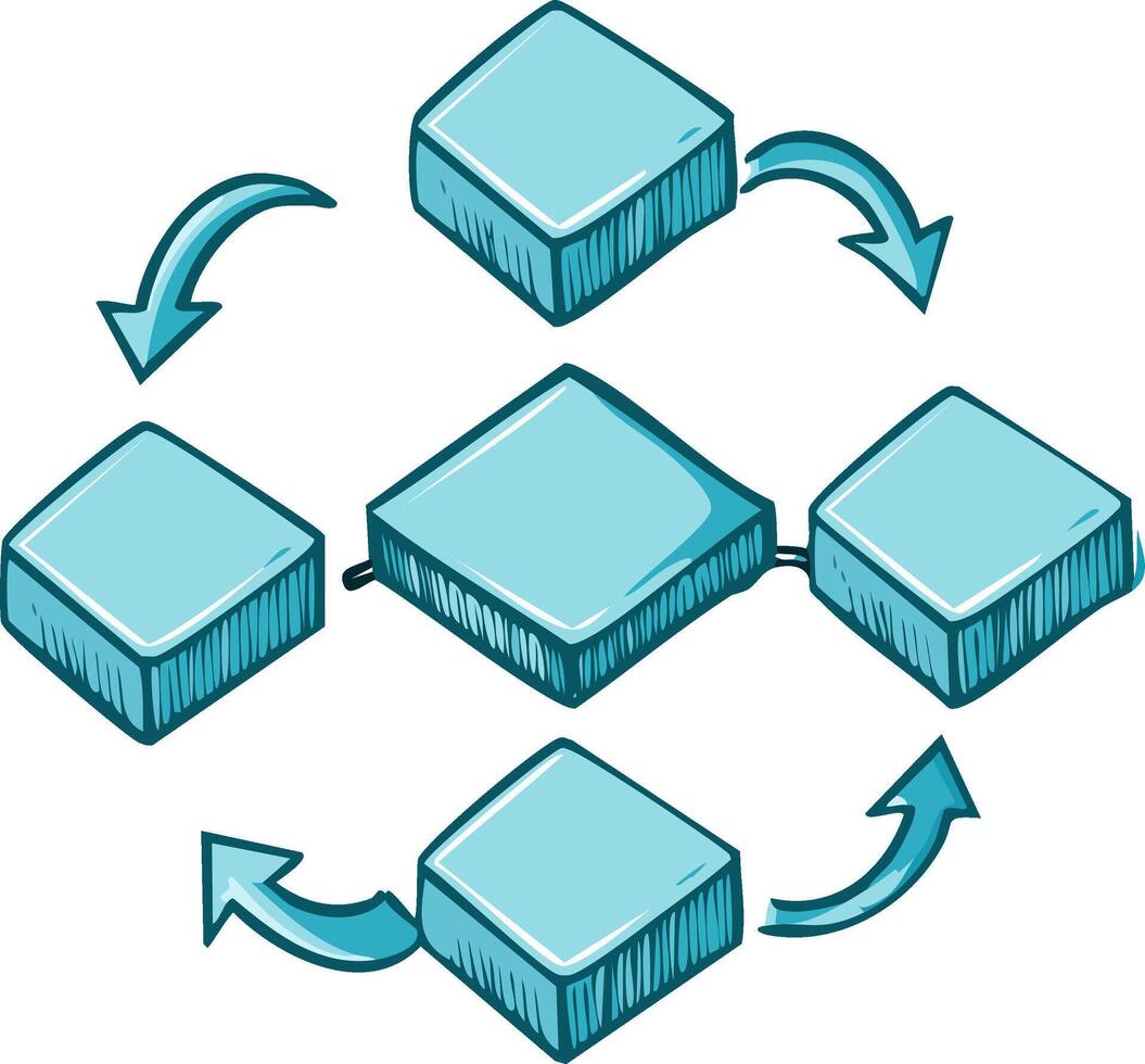Isometric Blockchain Network Flow Diagram with Interconnected Blue Blocks and Arrows vector