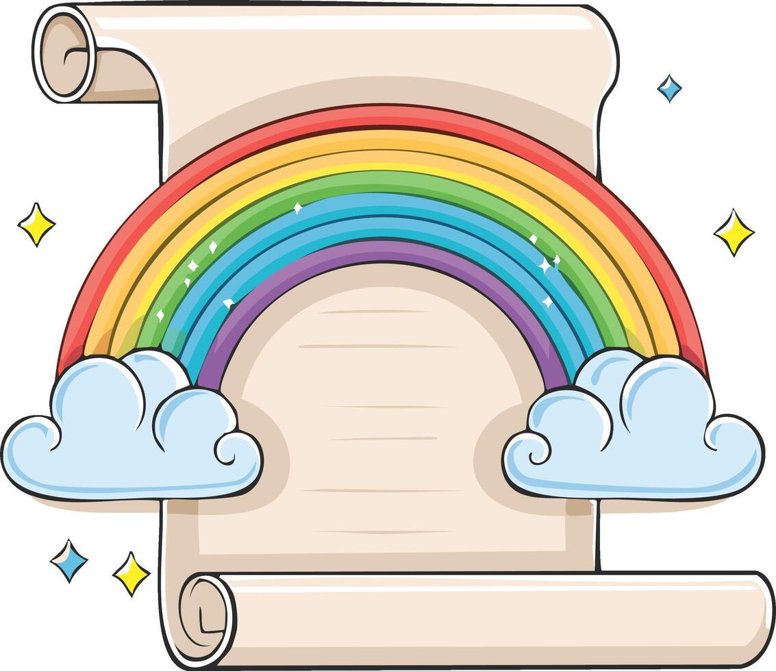 Whimsical cartoon rainbow arching over a blank parchment scroll with fluffy clouds and magical sparkles vector