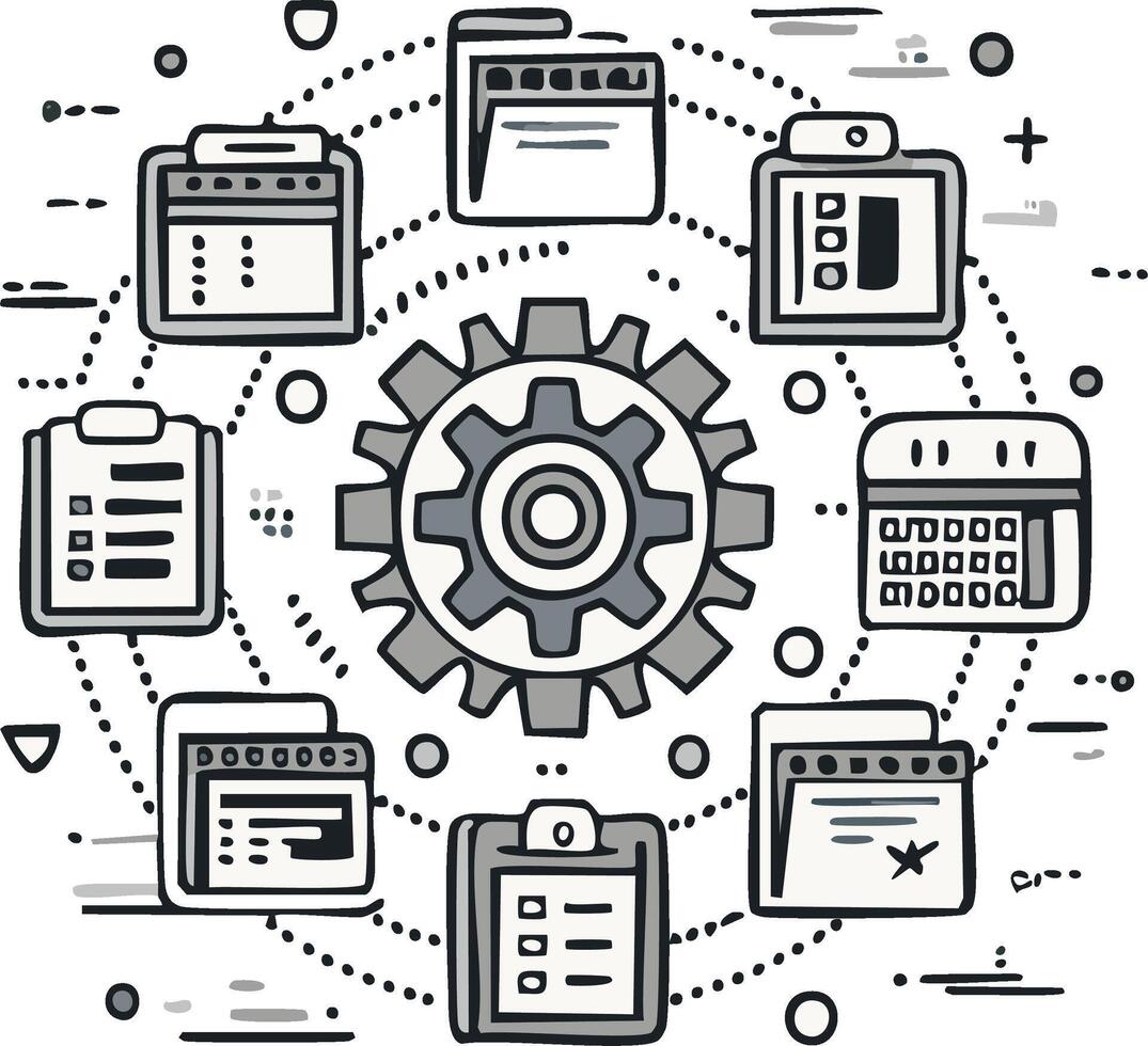 Abstract illustration of a gear surrounded by various document files vector