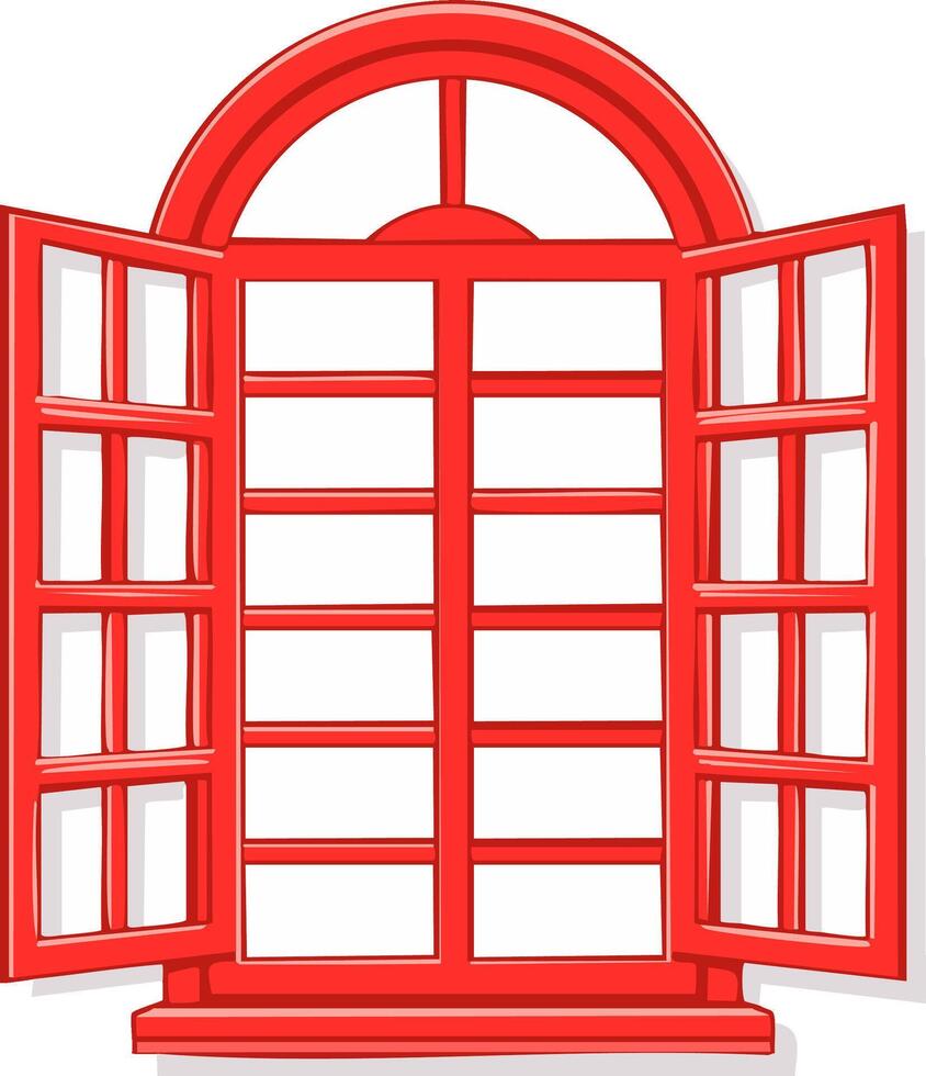 Red open window illustration. Classic frame with arch design. Architectural element vector