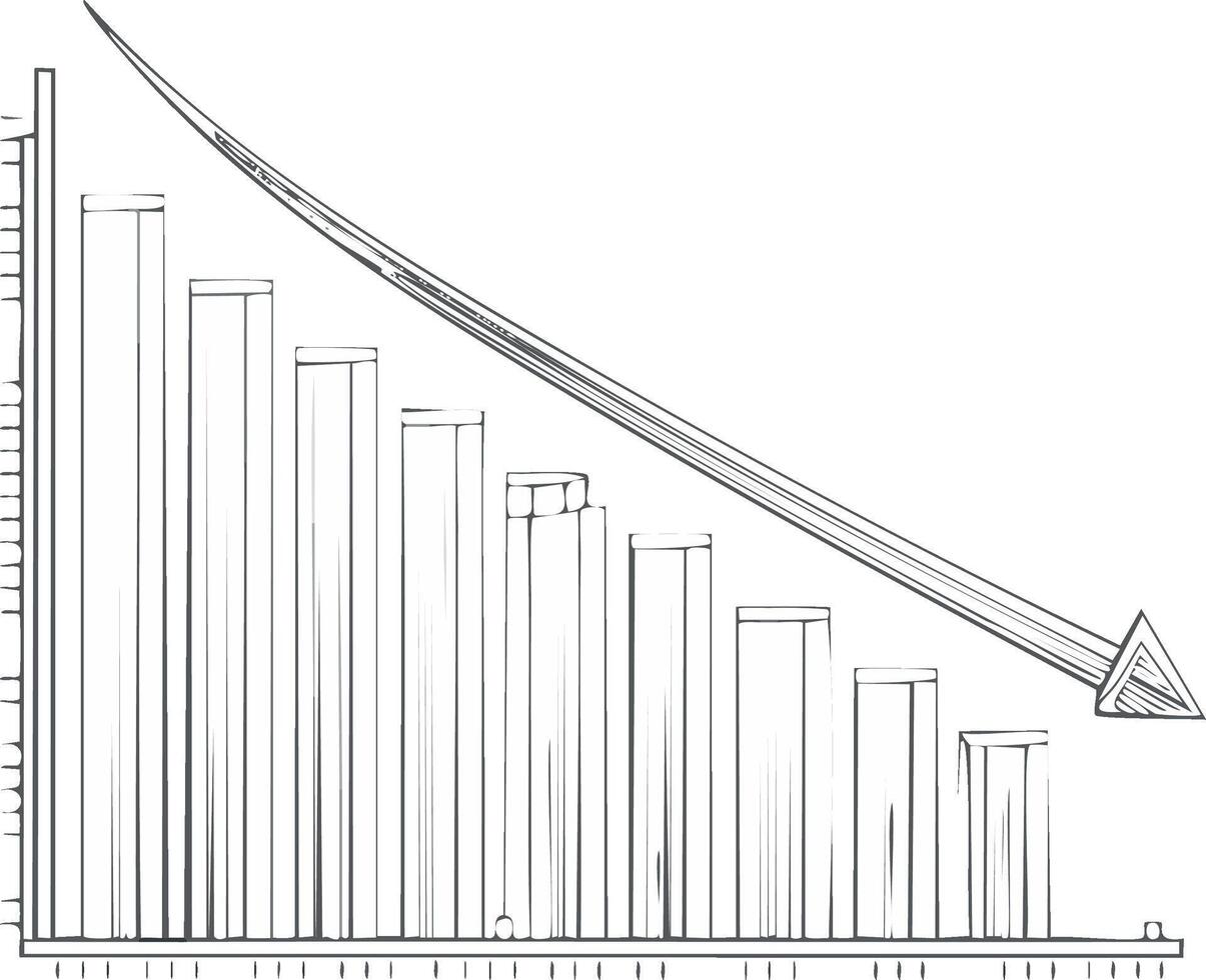 Hand drawn declining bar graph with a downward arrow illustrating a financial recession and business failure vector