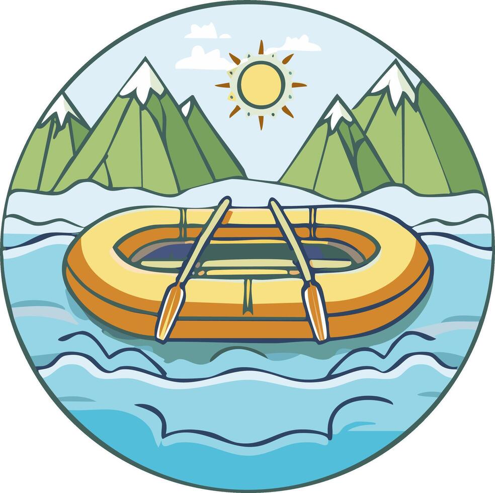 Inflatable rafting boat on a river with a scenic mountain range view on a sunny day vector