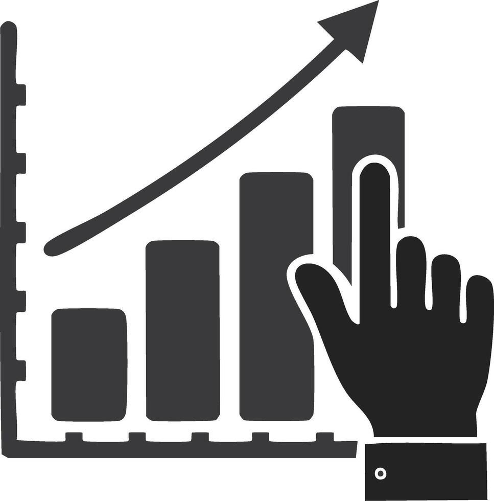 Growth Chart Analysis with Increasing Bars and Arrow Pointing Upward and Hand vector