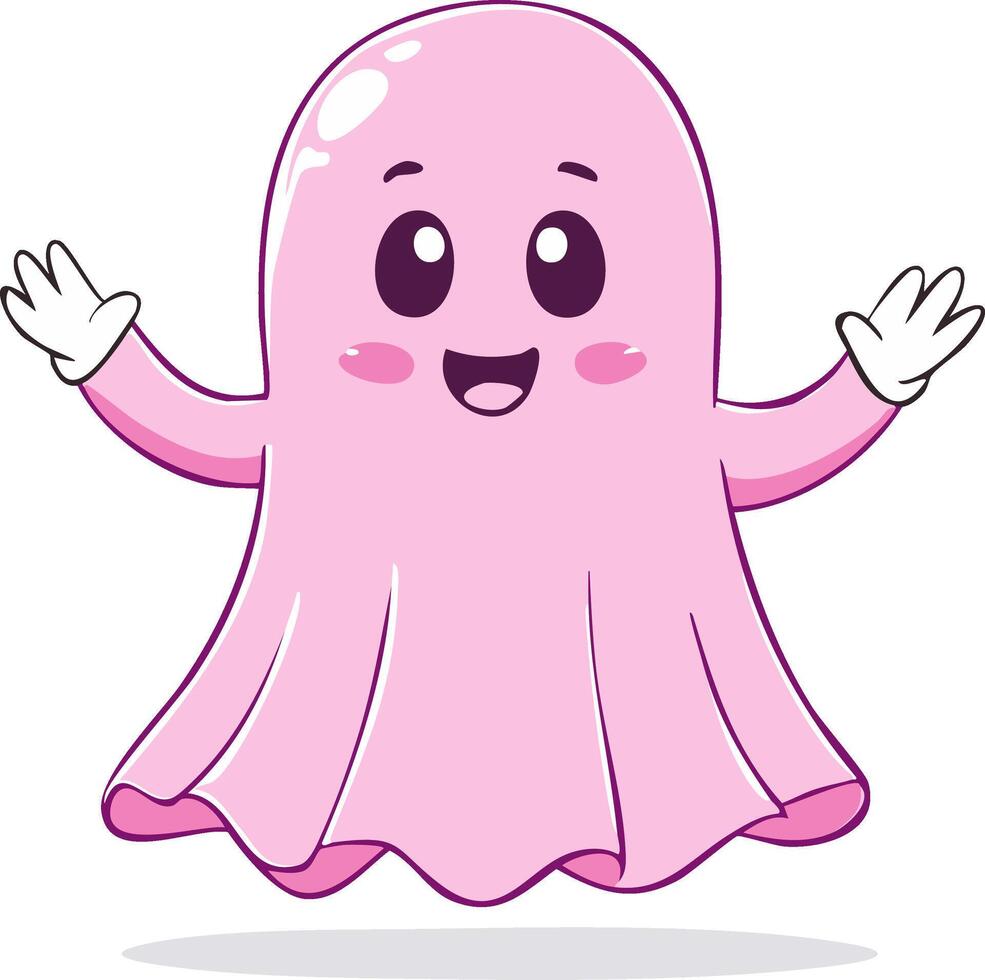 Cute smiling pink ghost waving hello with happy expression and chubby cheeks vector
