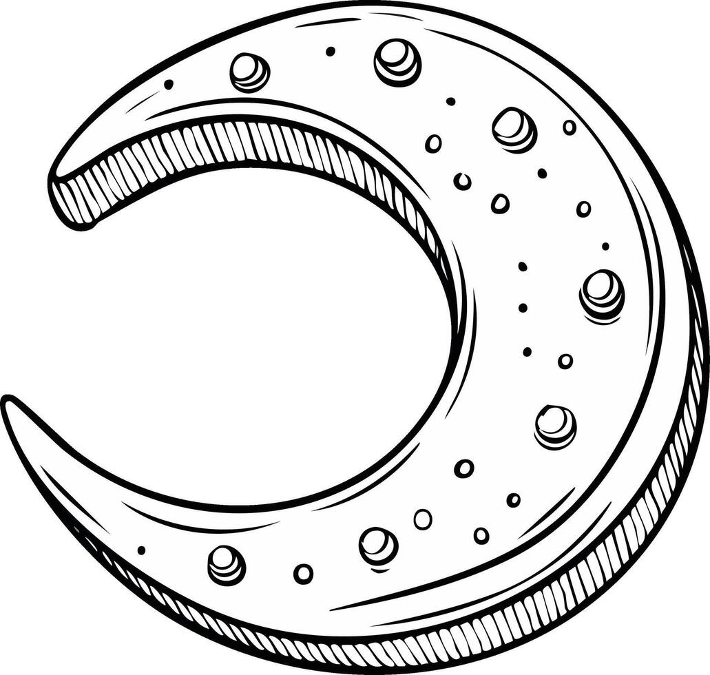 Hand drawn crescent moon with detailed texture and small craters in a sketch style illustration vector