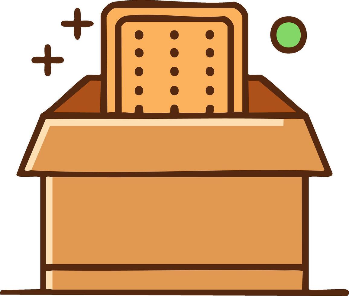 Open cardboard box containing a stack of wafer cookies with plus symbols and a floating green circle illustration vector