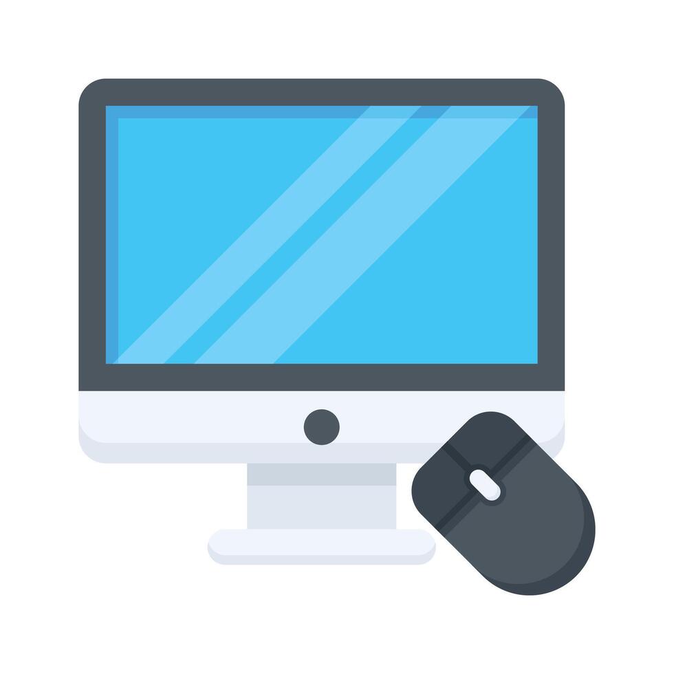 Flat design icon of desktop computer with mouse, office work, digital technology, and productivity. vector